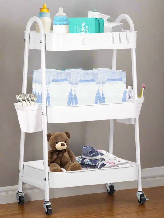 Baby Diaper Caddy Cart Metal Nursery Storage Organizer 3-Tier Rolling Cart Organizer for Diapers and Baby Wipes Newborn Essentials Storage Cart (White)