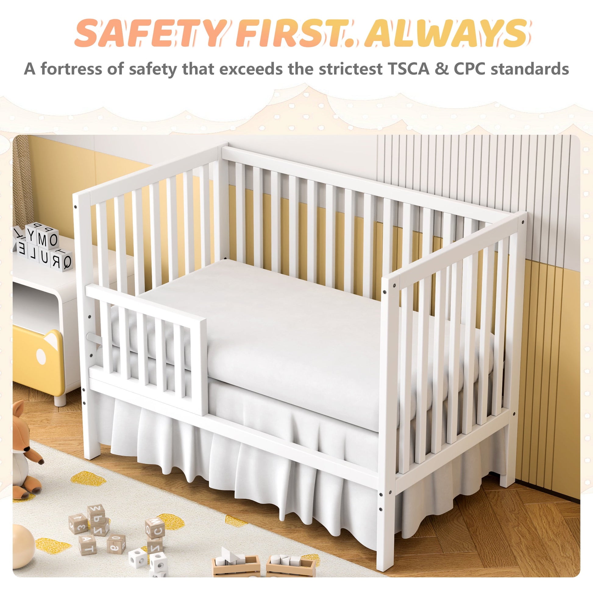 5-In-1 Convertible Crib, Baby Bed, Converts from Baby Crib to Toddler Bed, Fits Standard Full-Size Crib Mattress (White)