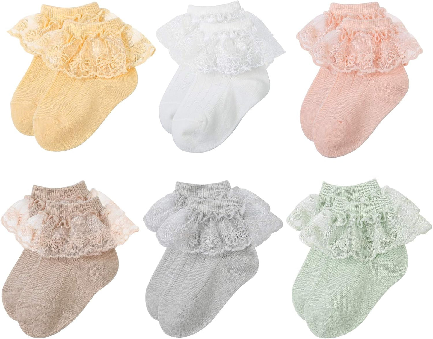 6 Pairs Baby Girls Socks Newborn Ruffle Lace Socks Princess Frilly Knit Cotton Socks