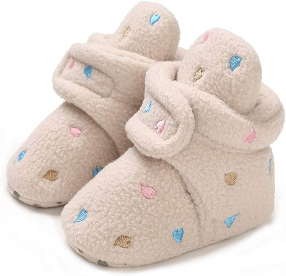 Baby Booties Newborn Boys Girls Fleece Boots Non Slip Grippers Stay on Slipper Socks Infant First Walker Winter Warm Crib Shoes