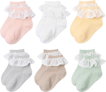 6 Pairs Baby Girls Socks Newborn Ruffle Lace Socks Princess Frilly Knit Cotton Socks