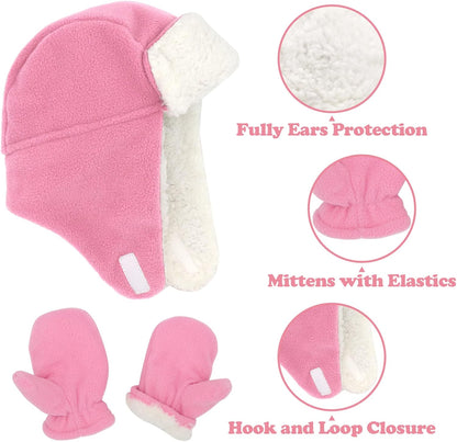 Baby Winter Hat Mittens Toddler Hats for Boys Girls Sherpa Lined Toddler Gloves Infant Baby Hat and Mitten Set